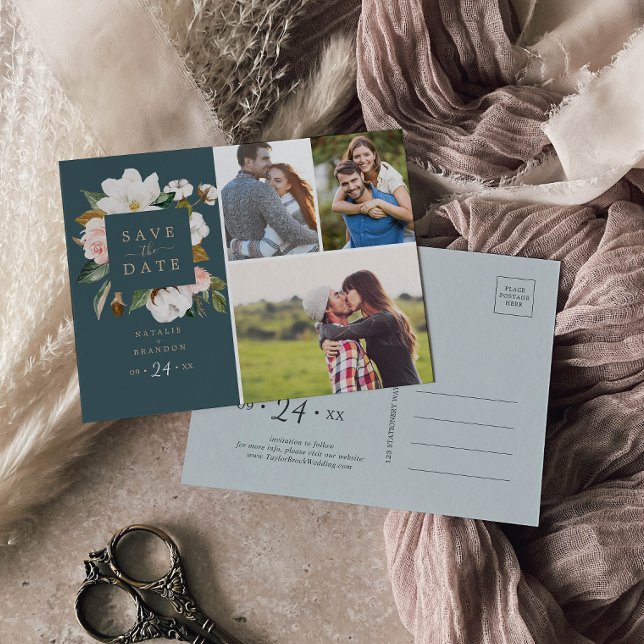 Postal De Invitación Magnolia elegante | Verde azulada 3 Foto Guardar f (Subido por el creador)