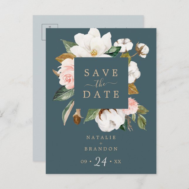 Postal De Invitación Magnolia elegante | Verde azulado Guardar la posta (Anverso / Reverso)