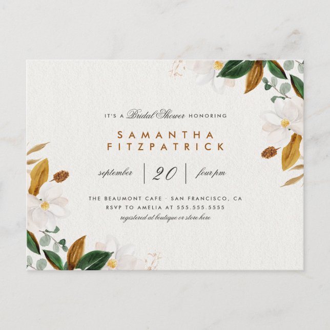 Postal De Invitación Magnolia Floral Brillante de color Blanco (Anverso)
