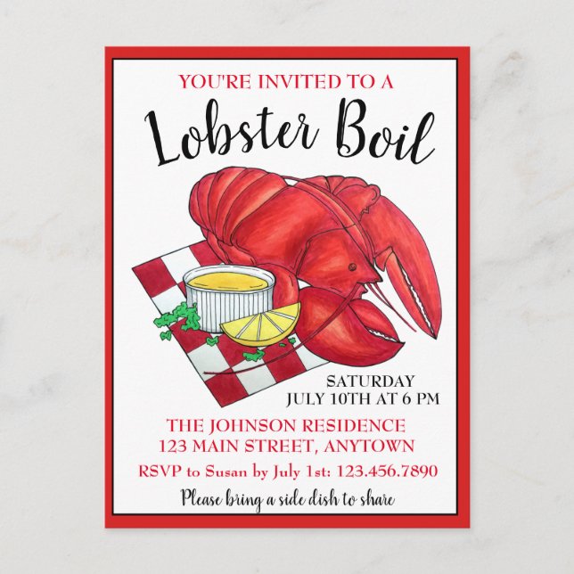 Postal De Invitación Maine Lobster Cena Mariscos Hervir Picnic Clambake (Anverso)