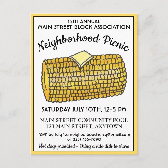 Postal De Invitación Maíz en Fiesta de bloqueo de comida para picnic de (Anverso)