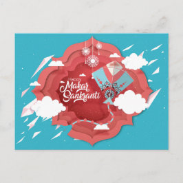 Postal De Invitación Makar Sankranti azul y cometa roja