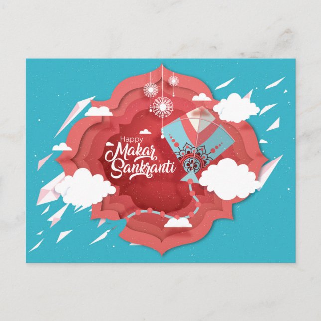 Postal De Invitación Makar Sankranti azul y cometa roja (Anverso)