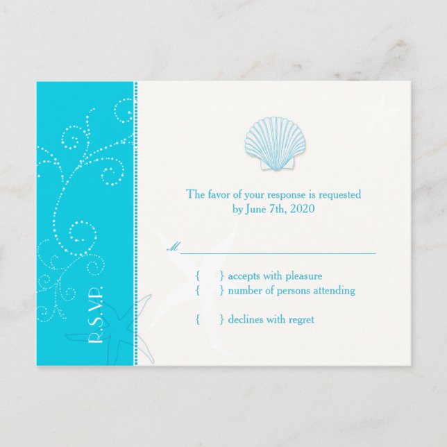 Postal De Invitación Malibu Blue Beach Shell Wedding RSVP (Anverso)