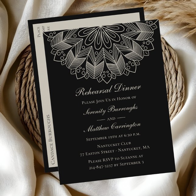 Postal De Invitación Mandala Boho Boda negro indio Ensayo Cena (Subido por el creador)