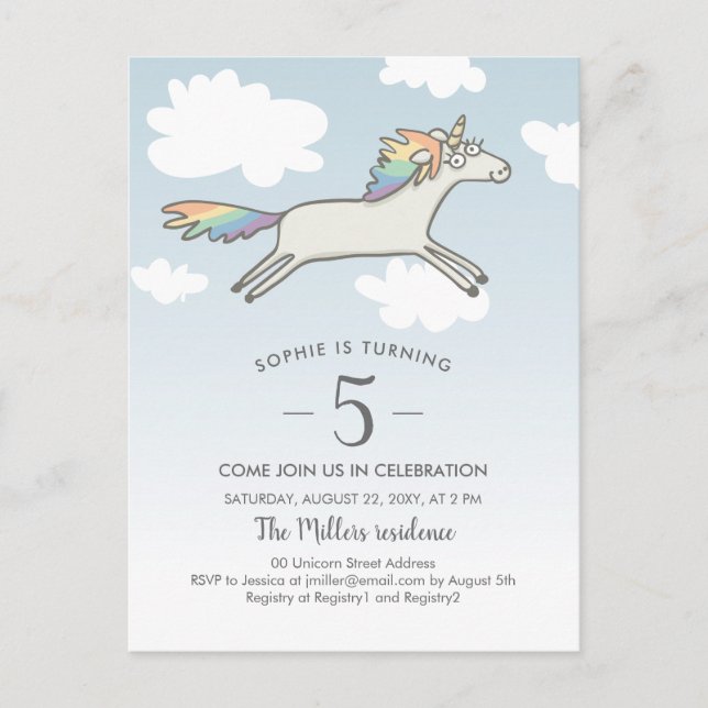 Postal De Invitación Mano arcoiris de Unicornio desatada 5 años (Anverso)