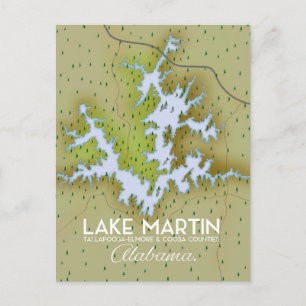 Postal De Invitación Mapa de afiches del viaje del lago Martin Alabama.