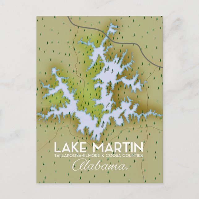 Postal De Invitación Mapa de afiches del viaje del lago Martin Alabama. (Anverso)
