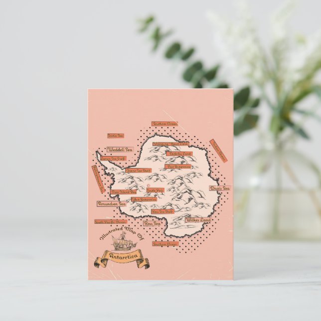 Postal De Invitación Mapa de viaje ilustrado de Antártida (Anverso de pie)