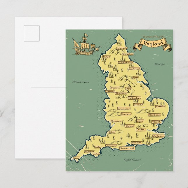 Postal De Invitación Mapa de viaje ilustrado de Inglaterra (Anverso / Reverso)