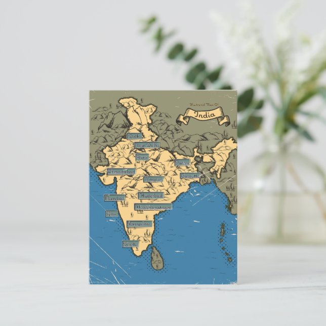 Postal De Invitación Mapa de viaje ilustrado de la India (Anverso de pie)