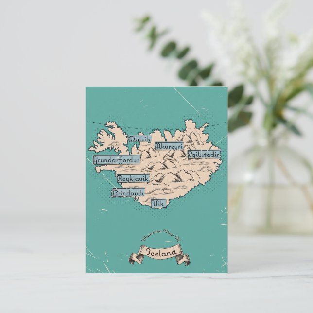 Postal De Invitación Mapa de viajes ilustrado de Islandia (Anverso de pie)