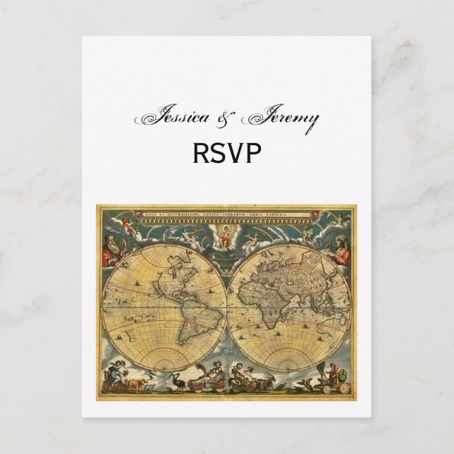 Postal De Invitación Mapa del mundo antiguo, BG blanco RSVP (Anverso)