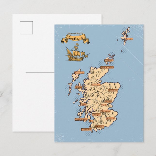 Postal De Invitación Mapa ilustrado de viajes de Escocia (Anverso / Reverso)