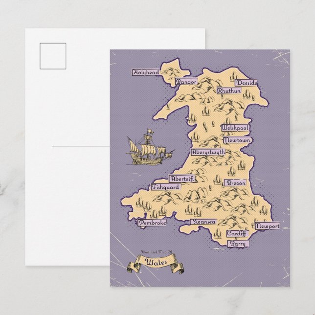 Postal De Invitación Mapa ilustrado de viajes de Gales (Anverso / Reverso)