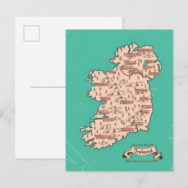 Postal De Invitación Mapa ilustrado de viajes de Irlanda (Anverso / Reverso)