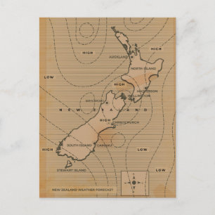 Postal De Invitación Mapa meteorológico antiguo de Nueva Zelanda