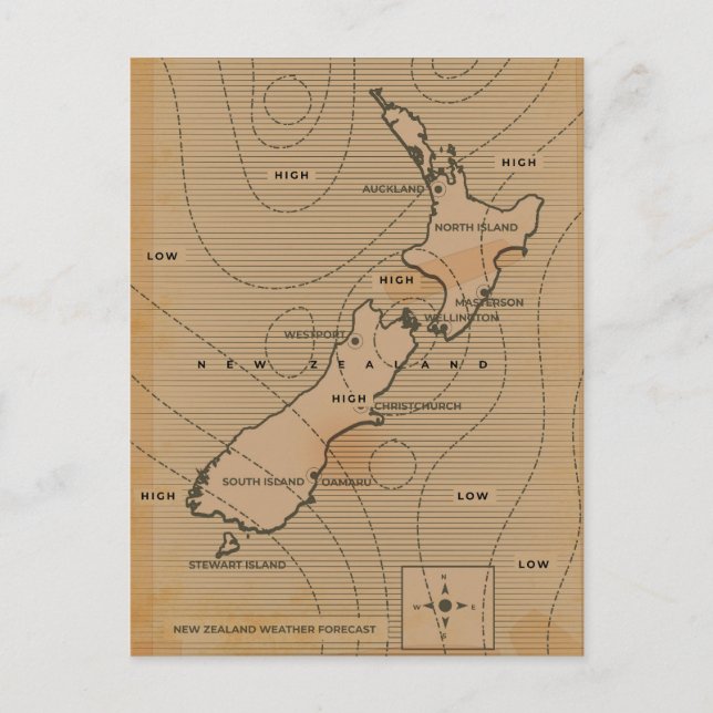 Postal De Invitación Mapa meteorológico antiguo de Nueva Zelanda (Anverso)