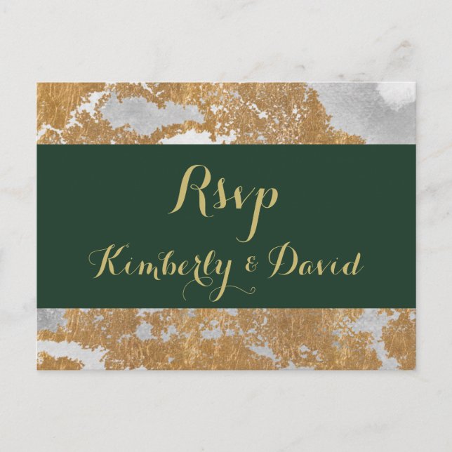 Postal De Invitación Marble Green y Gold Wedding Rsvp Postcard (Anverso)