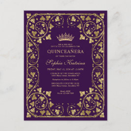 Postal De Invitación Marco de oro violeta púrpura vintage Tiara Quincea