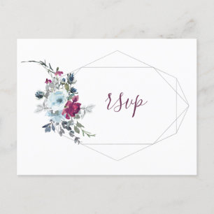 Postal De Invitación Marco geométrico de oro floral azul burdeos rsvp