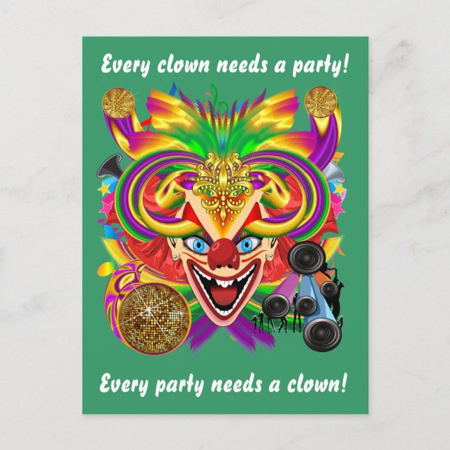 Postal De Invitación Mardi Gras Clown View Notes (Anverso)