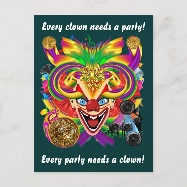 Postal De Invitación Mardi Gras Clown View Notes (Anverso)
