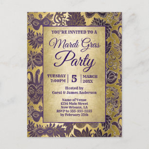 Postal De Invitación Mardi Gras Fiesta Faux Gold Purple Máscara