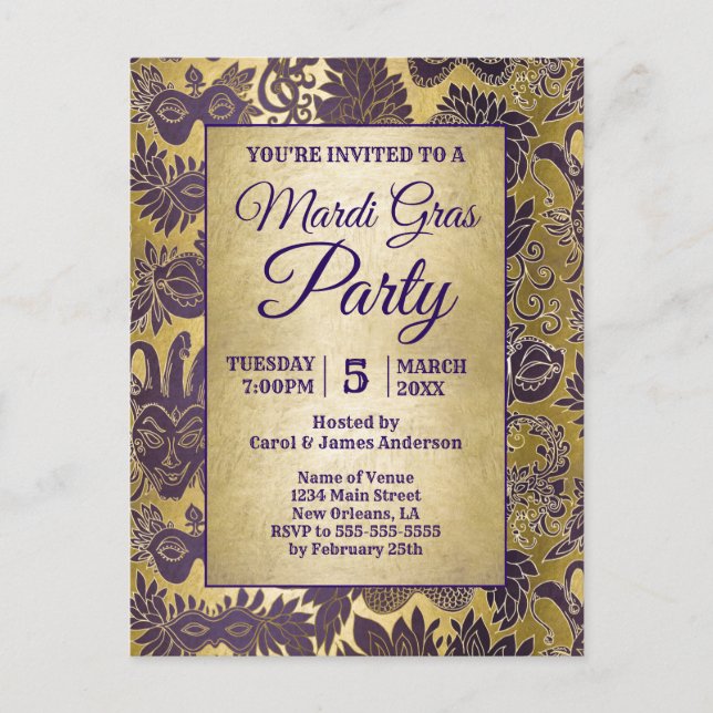 Postal De Invitación Mardi Gras Fiesta Faux Gold Purple Máscara (Anverso)