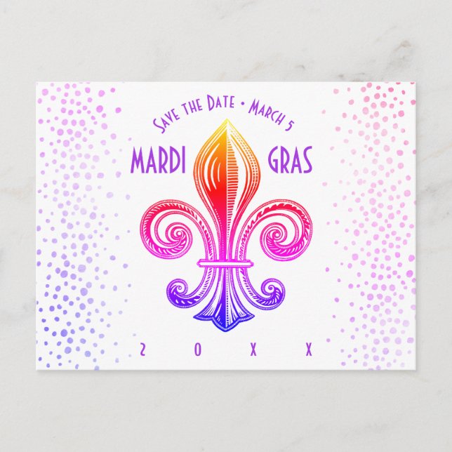 Postal De Invitación Mardi Gras Fleur De Lis Rainbow Confetti (Anverso)