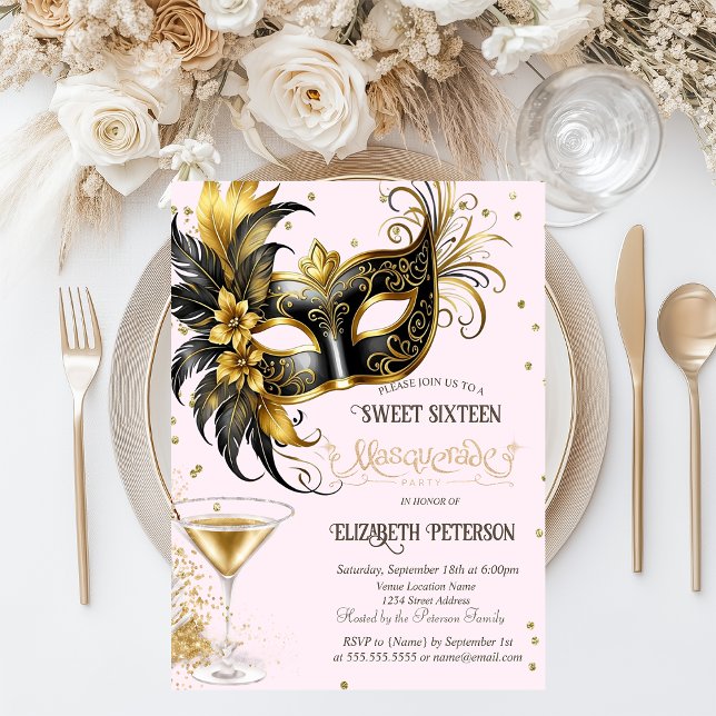 Postal De Invitación Mardi Gras Masque Diamantes Champagne Sweet 16 (Subido por el creador)