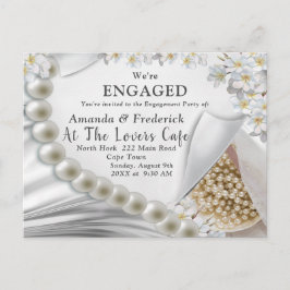 Postal De Invitación Marfil, verde, azul, oro, seda y perlas compromiso