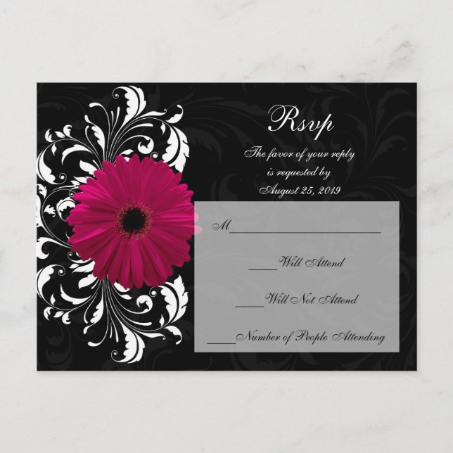 Postal De Invitación Margarita Gerbera de pergamino fucsia con negro y  (Anverso)