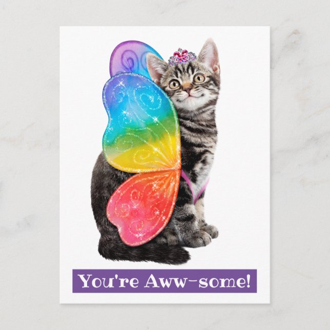 Postal De Invitación Mariposa arcoiris Princesa Kitten (Anverso)