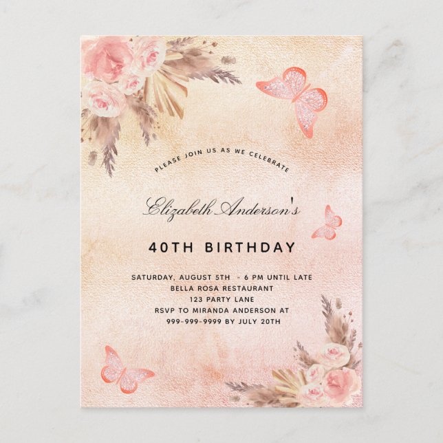 Postal De Invitación Mariposa de cumpleaños pampas pampas boho de la ru (Anverso)