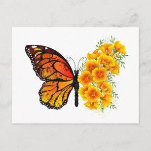 Postal De Invitación Mariposa Flor con Amapola de California Amarilla