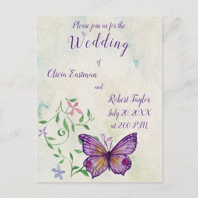 Postal De Invitación Mariposa morada acuarela personalizada (Anverso)