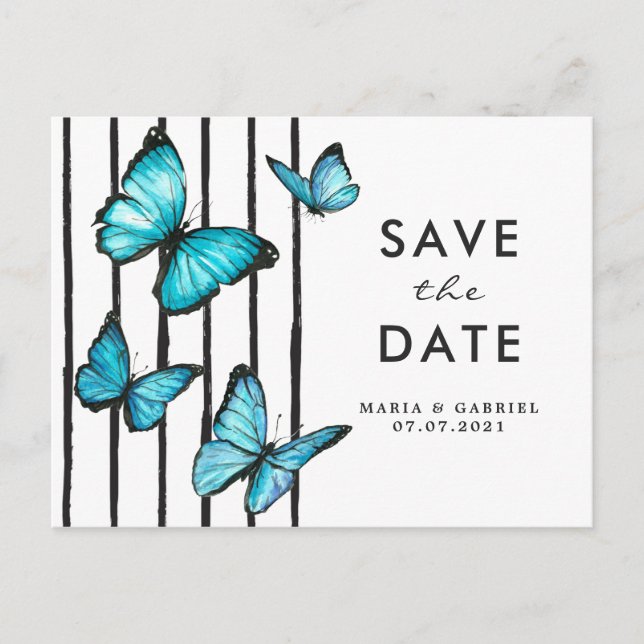 Postal De Invitación Mariposas acuarela azul Modernas guardar la fecha (Anverso)