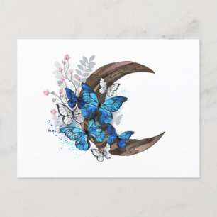 Postal De Invitación Mariposas azules sobre la media luna de madera