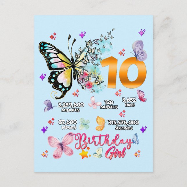 Postal De Invitación Mariposas Doble Dígitos 10 años Mariposas  (Anverso)