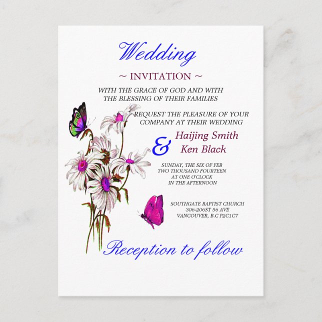 Postal De Invitación Mariposas invitadas a bodas con margaritas rosas (Anverso)