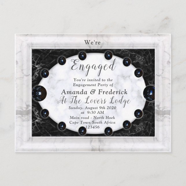 Postal De Invitación Mármol blanco y negro opulento + Esferas (Anverso)