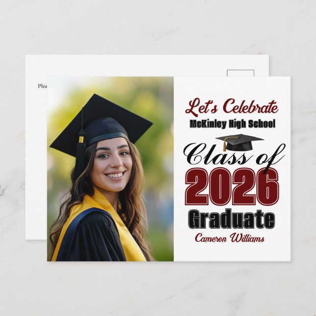 Postal De Invitación Maroon Class of 2026 Photo Graduation Party (Anverso / Reverso)