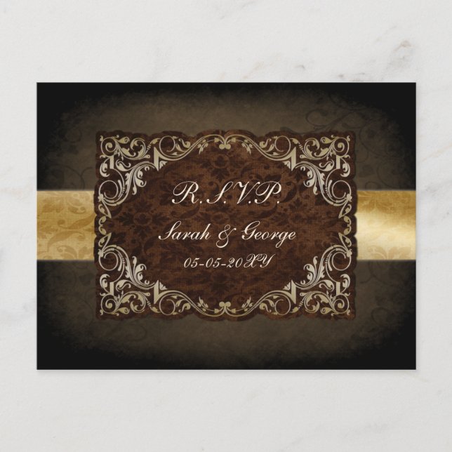 Postal De Invitación Marrón Ornamental Rústico Y Boda De Oro (Anverso)
