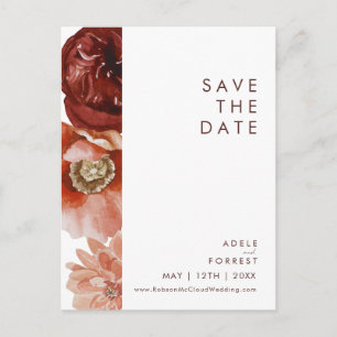 Postal De Invitación Marsala Autumn Floral White Save The Date Postcard