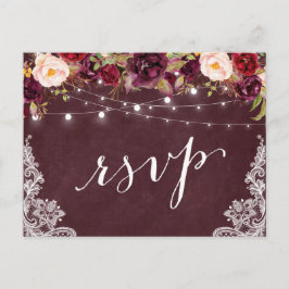 Postal De Invitación Marsala Floral String Lights Lace Wedding RSVP