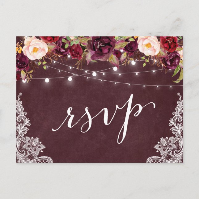 Postal De Invitación Marsala Floral String Lights Lace Wedding RSVP (Anverso)