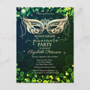 Postal De Invitación Máscara Bokeh Verde Quinceañera