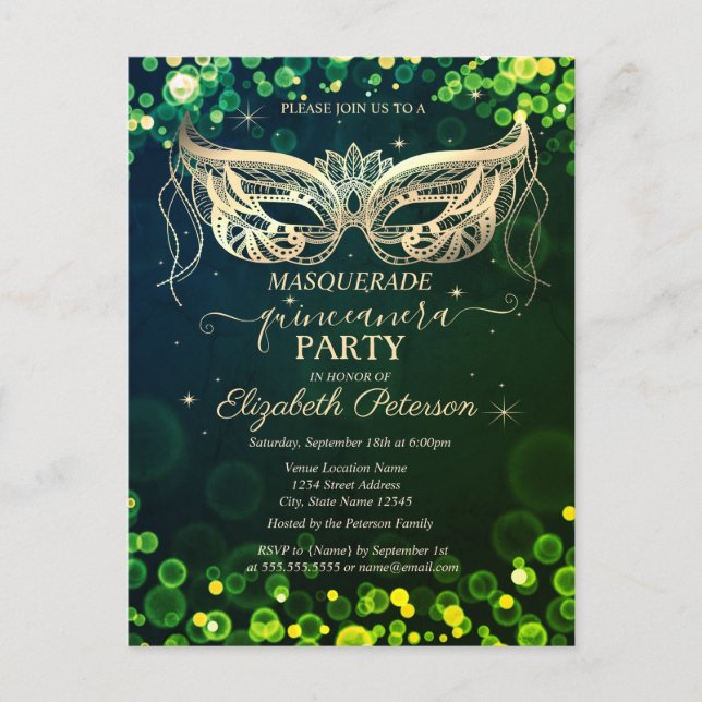 Postal De Invitación Máscara Bokeh Verde Quinceañera (Anverso)