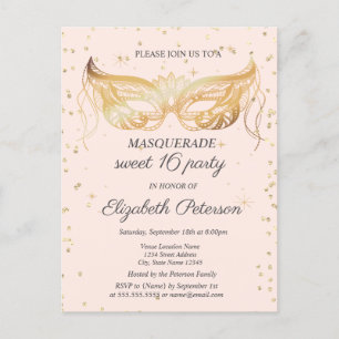 Postal De Invitación Máscara de encaje oro diamantes Sweet 16